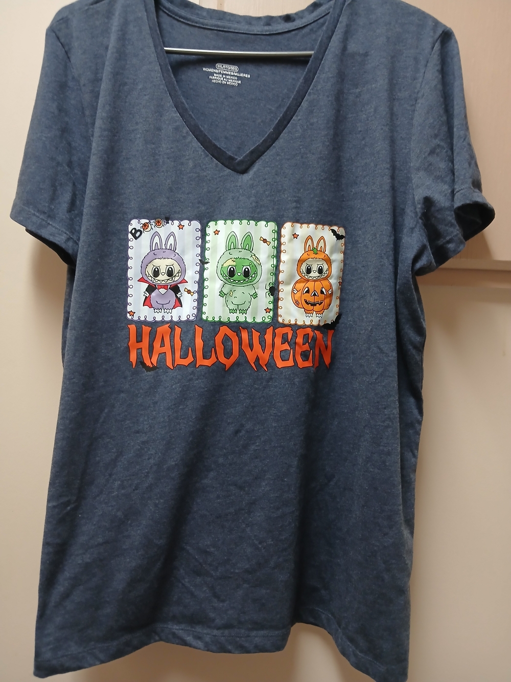 Women’s V-Neck Halloween Graphic Tee - Navy with Orange Accent